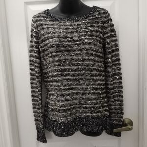 S Harley-Davidson Black and White Striped Scoop Neck Sweater